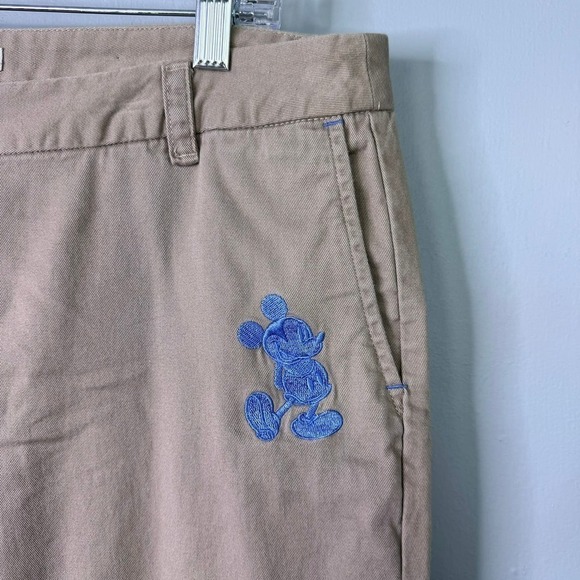 Disney Parks Khaki Tan Capri Pants Blue Embroidered Mickey Mouse Women's Size 12 - Picture 3 of 12